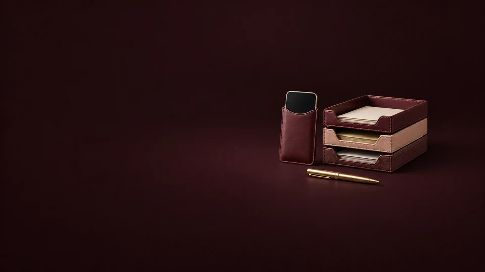 A phone in an oxblood sleeve beside stacked document trays and a brass pen. - Dating & Relationship Services Meta ads research index