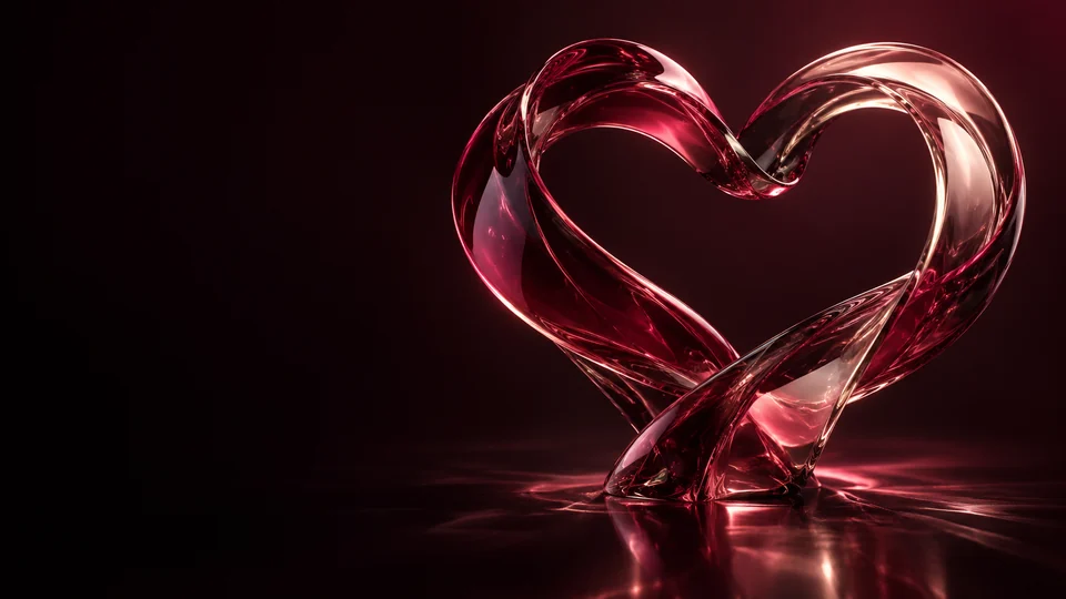 Interlaced ruby and pale-rose glass ribbons forming a heart. - Dating & Relationship Services Meta ads research by Madgicx Labs