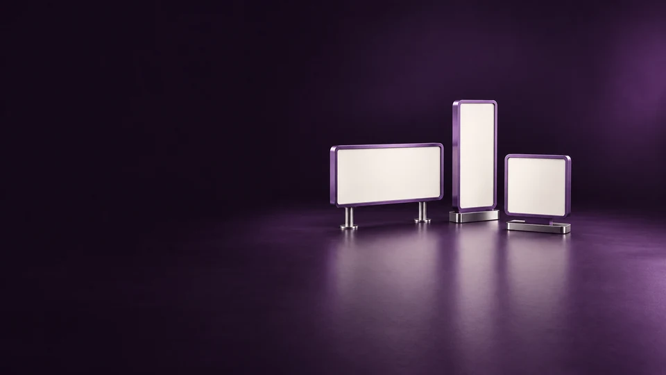 Three blank violet advertising display fixtures in landscape, tall portrait and square formats. - Digital Marketing & Advertising Platforms Meta ads research index