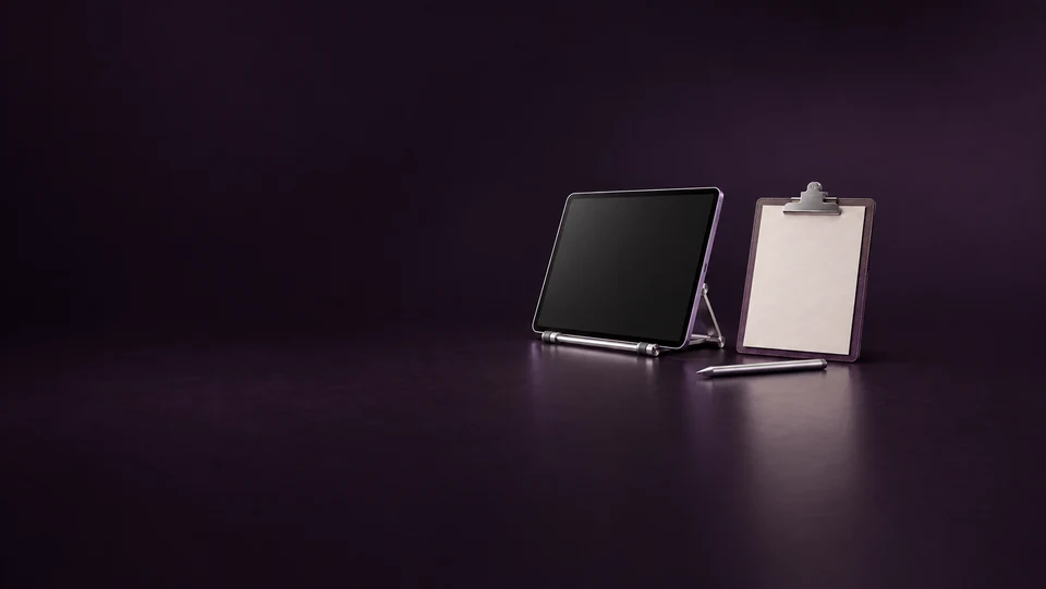 An inactive violet tablet on a silver stand beside a blank clipboard and stylus. - Digital Marketing & Advertising Platforms Meta ads research index