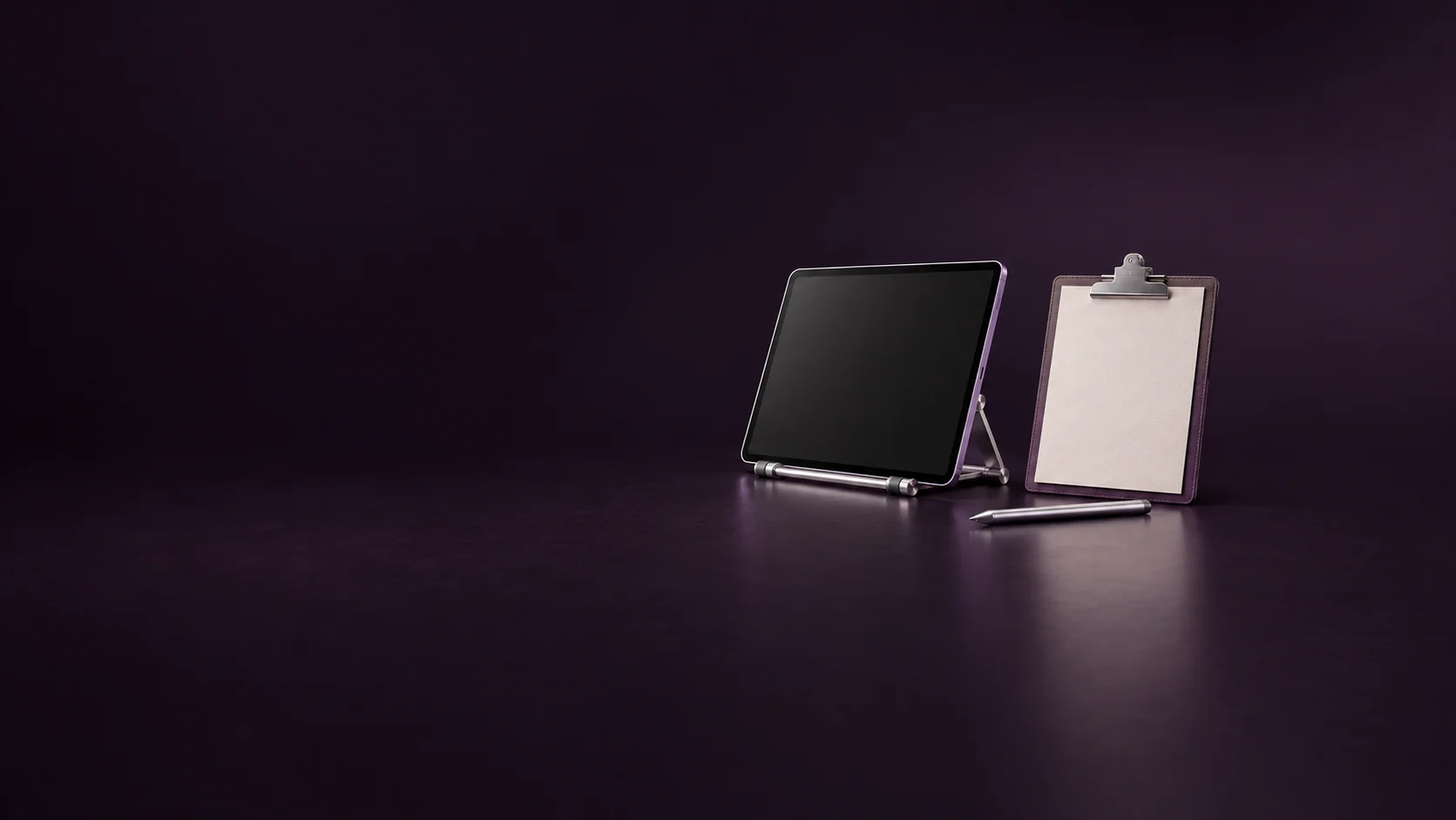 An inactive violet tablet on a silver stand beside a blank clipboard and stylus. - Lead Generation & Capture Tools Meta ads research by Madgicx Labs