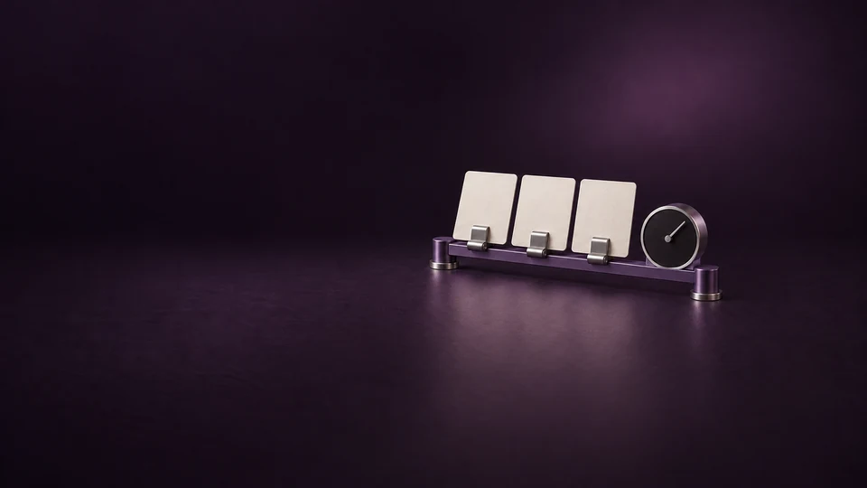 Three blank message cards on a violet metal rail beside an unmarked mechanical timer. - Digital Marketing & Advertising Platforms Meta ads research index