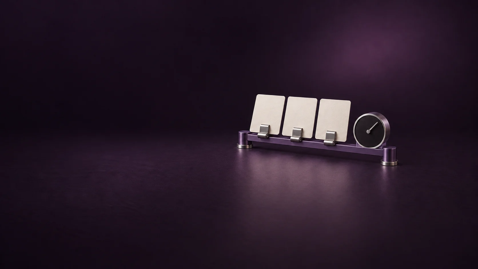 Three blank message cards on a violet metal rail beside an unmarked mechanical timer. - Marketing Automation Software Meta ads research by Madgicx Labs