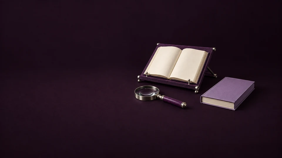 A blank manuscript on an aubergine reading stand beside a magnifier and lavender reference book. - Digital Marketing & Advertising Platforms Meta ads research index