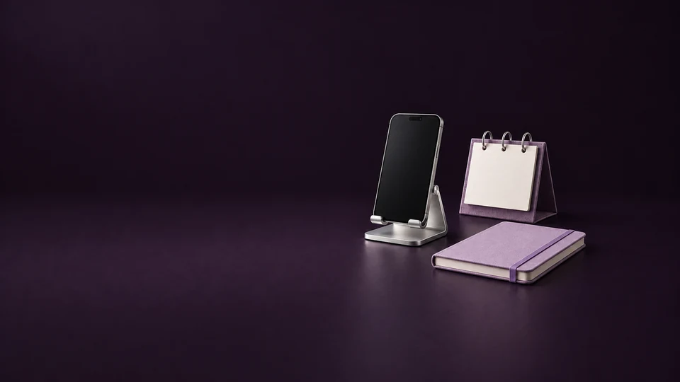 An inactive phone on a silver stand beside a blank violet desk calendar and lavender notebook. - Digital Marketing & Advertising Platforms Meta ads research index