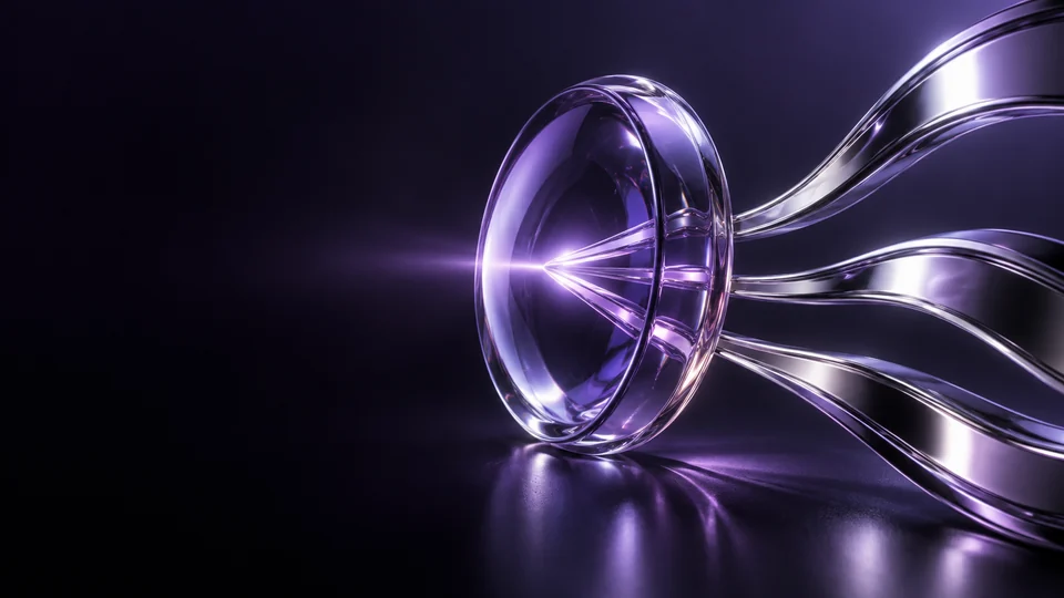 A violet glass ring with curved polished ribbons extending across a dark studio. - Digital Marketing & Advertising Platforms Meta ads research by Madgicx Labs