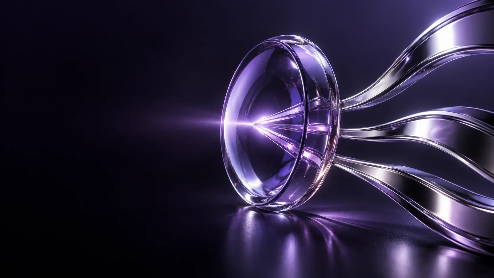 A violet glass ring with curved polished ribbons extending across a dark studio. - Digital Marketing & Advertising Platforms Meta ads research by Madgicx Labs