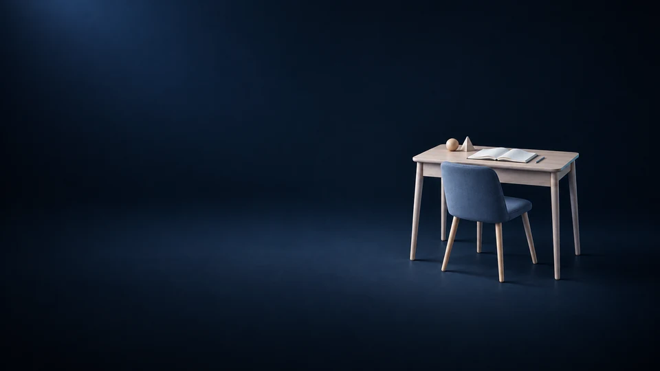 Pale wooden desk and blue upholstered chair with an open blank notebook, pencil and two wooden learning shapes. - Educational Services & Training Meta ads research index