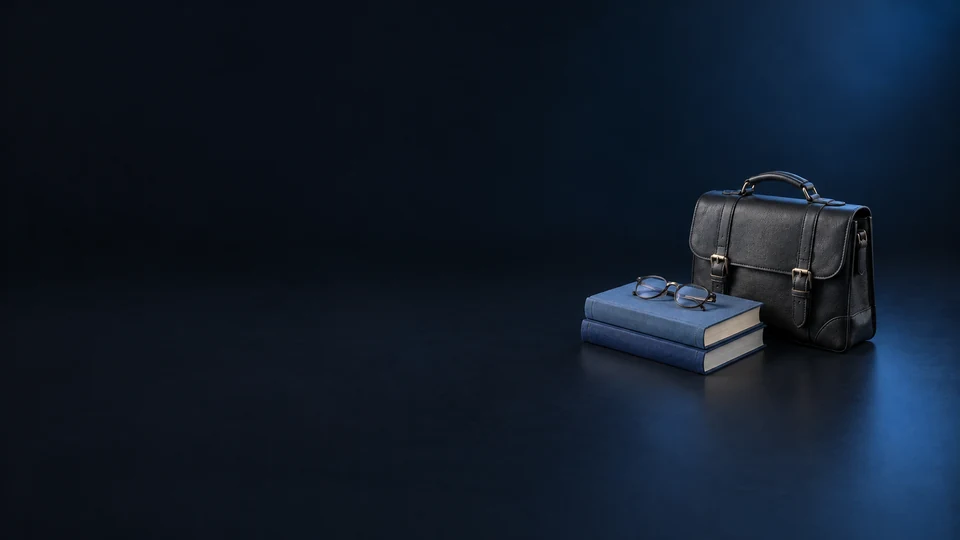 A dark leather study satchel beside two blue cloth books with folded reading glasses on top. - Educational Services & Training Meta ads research index