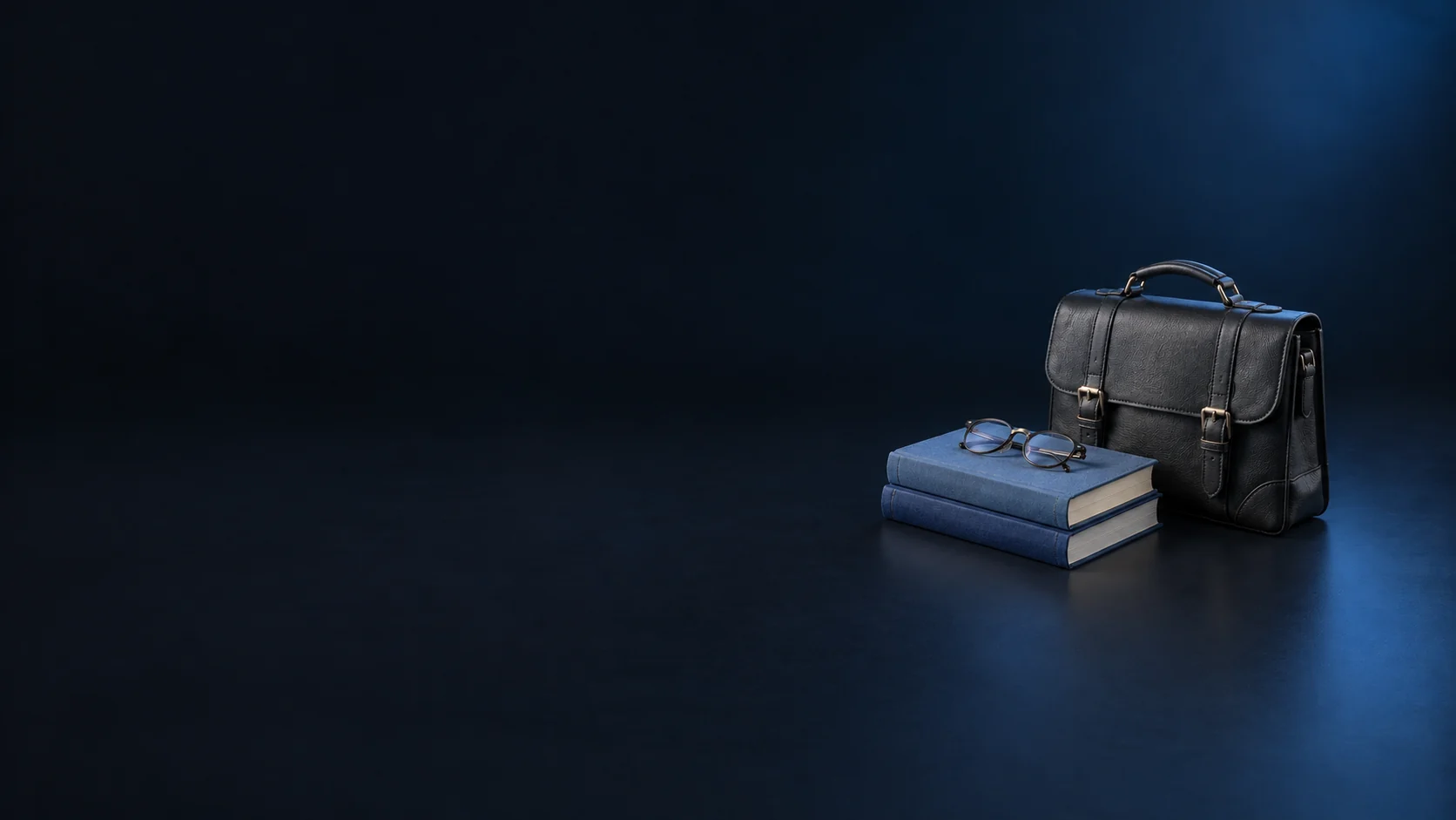 A dark leather study satchel beside two blue cloth books with folded reading glasses on top. - Continuing Education Programs Meta ads research by Madgicx Labs