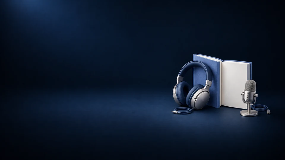 Blue headphones, an open blank book and a silver desk microphone with neatly coiled cables. - Educational Services & Training Meta ads research index