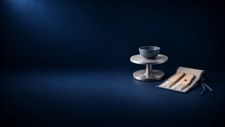 A blue bowl on a short metal banding stand beside a linen roll holding two wooden pottery ribs. - Educational Services & Training Meta ads research index