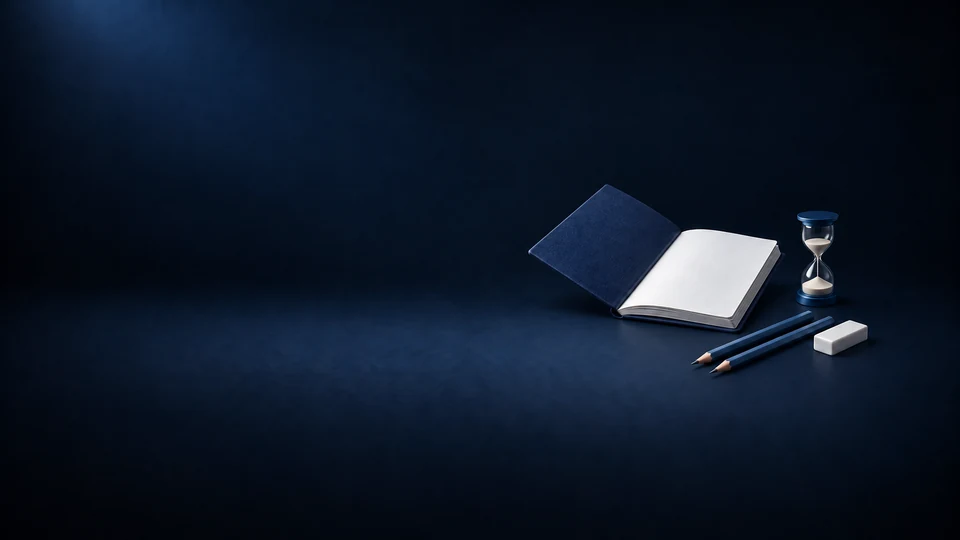 A blank navy practice book, a glass sand timer, two blue pencils and a white eraser. - Educational Services & Training Meta ads research index