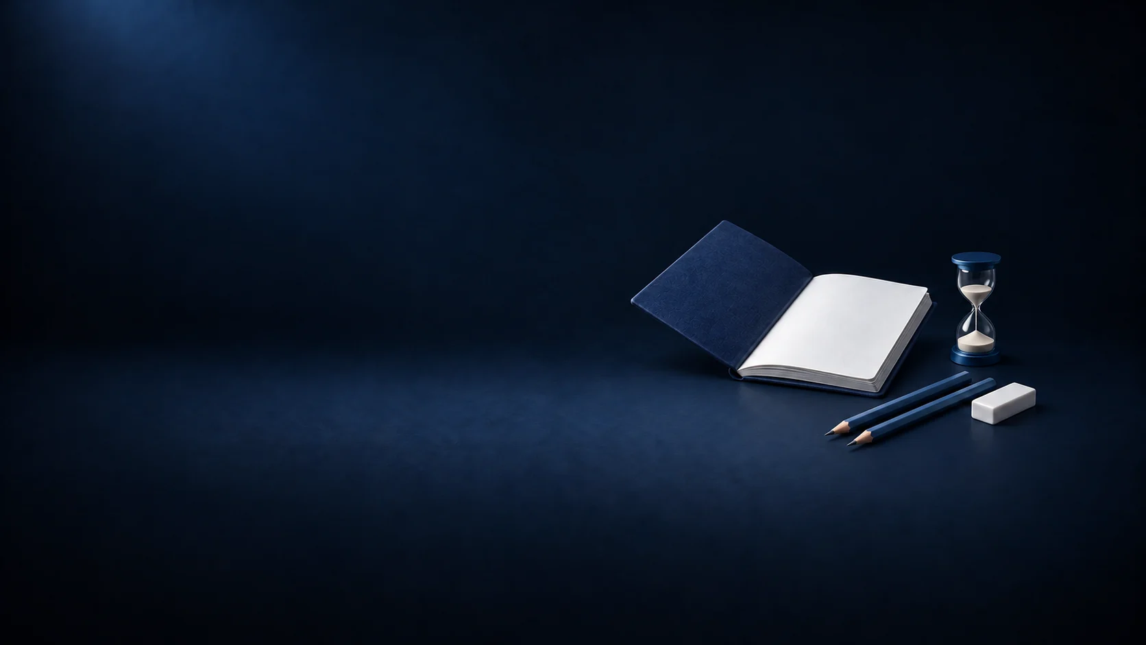 A blank navy practice book, a glass sand timer, two blue pencils and a white eraser. - Test Preparation Services Meta ads research by Madgicx Labs