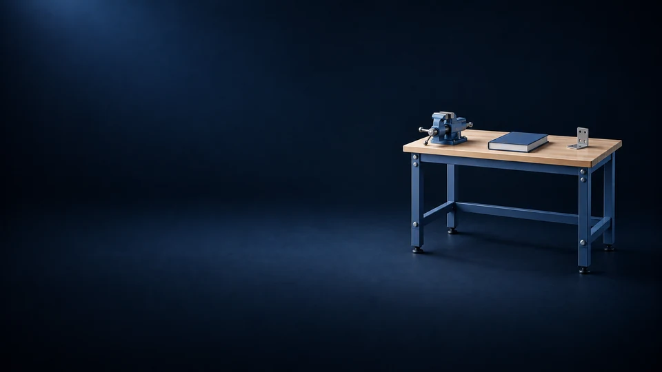 A compact wooden workbench with a blue metal frame, empty vise, closed blue manual and loose metal bracket. - Educational Services & Training Meta ads research index