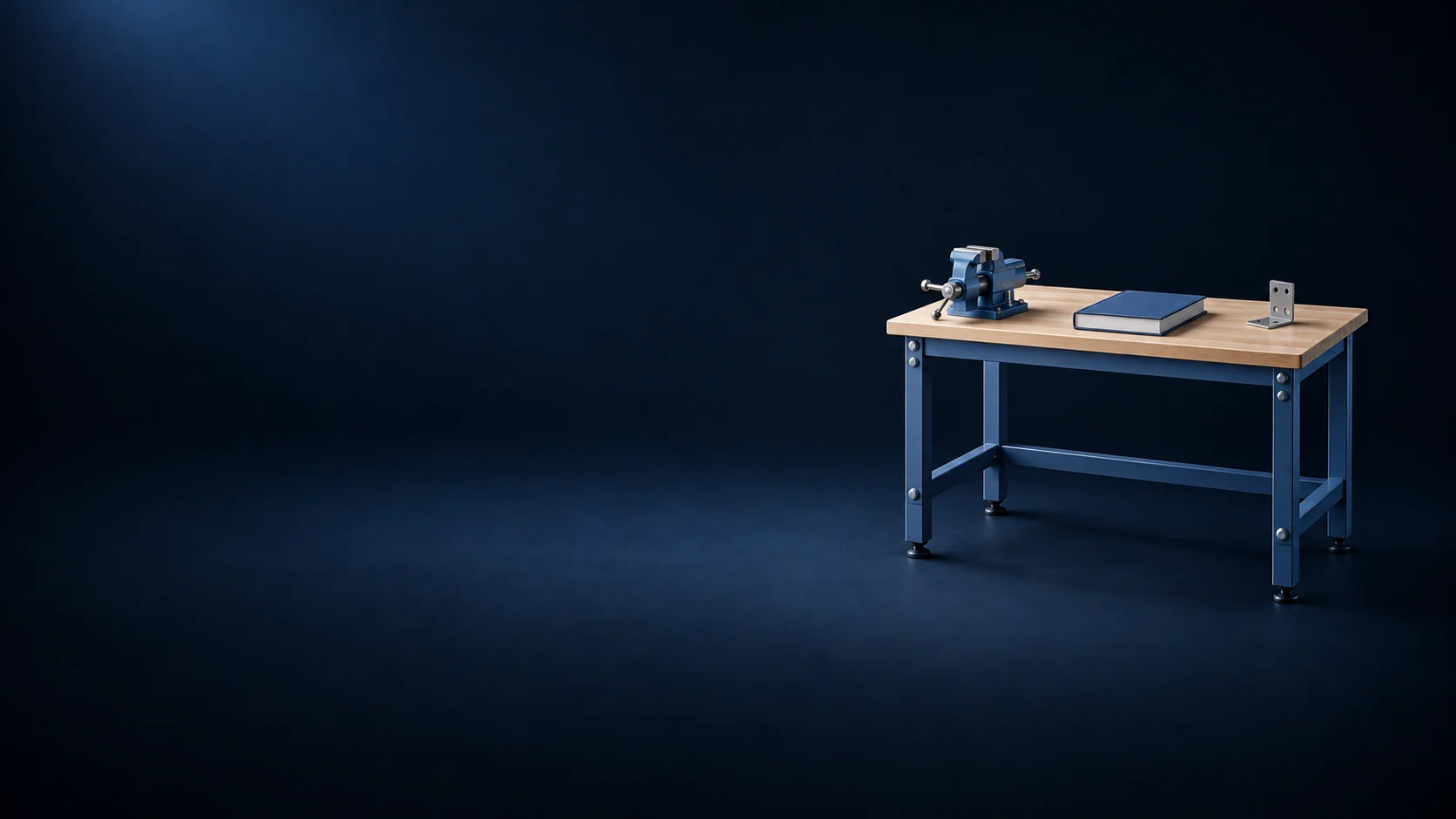 A compact wooden workbench with a blue metal frame, empty vise, closed blue manual and loose metal bracket. - Vocational & Trade Training Meta ads research by Madgicx Labs