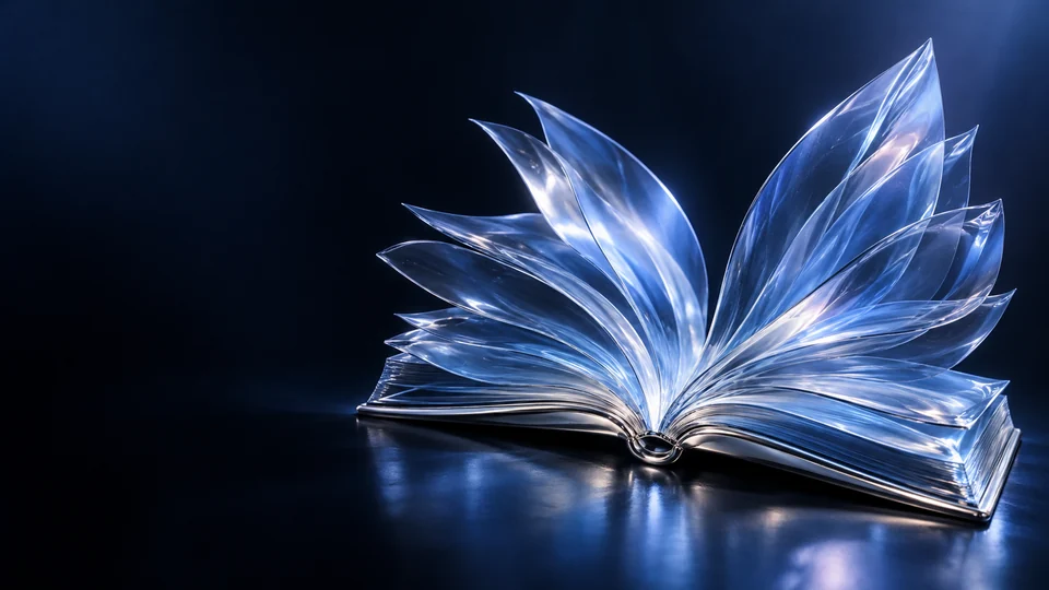 Open glass book with translucent blue pages fanning upward. - Educational Services & Training Meta ads research by Madgicx Labs