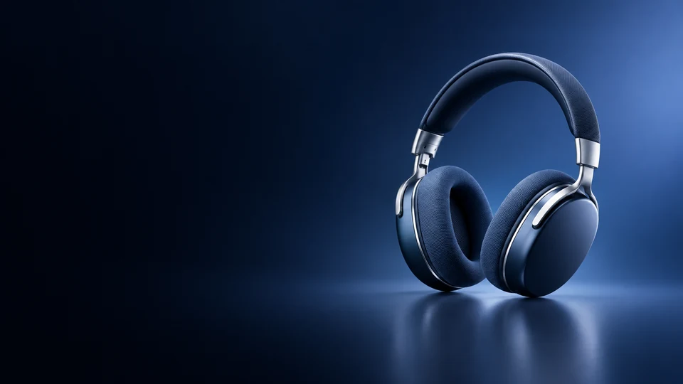 Blue over-ear headphones with woven cushions on a dark studio surface. - Electronics & Tech Devices Meta ads research index