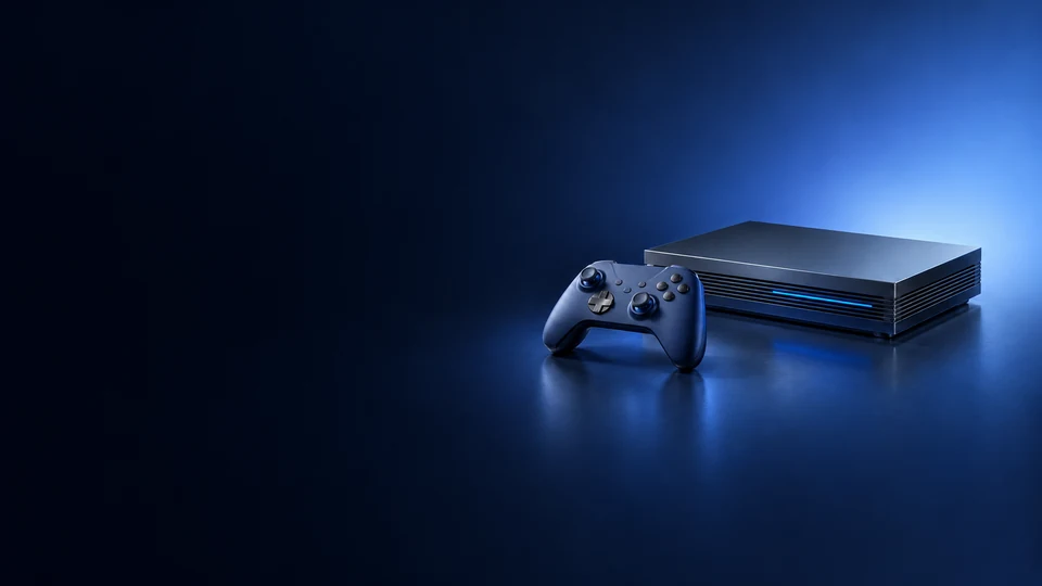 Original dark gaming console and controller under blue studio light. - Electronics & Tech Devices Meta ads research index