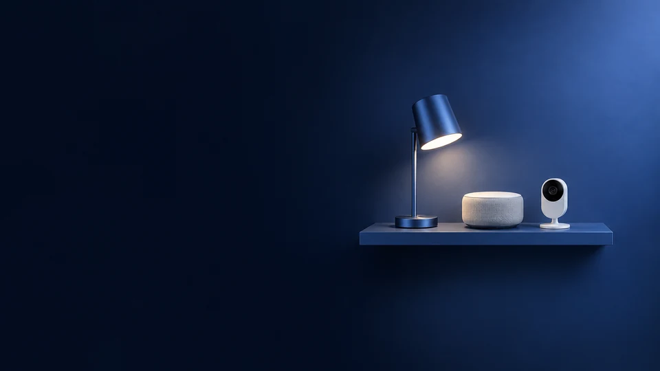 Small desk lamp, fabric-covered hub and indoor camera on a cobalt shelf. - Electronics & Tech Devices Meta ads research index