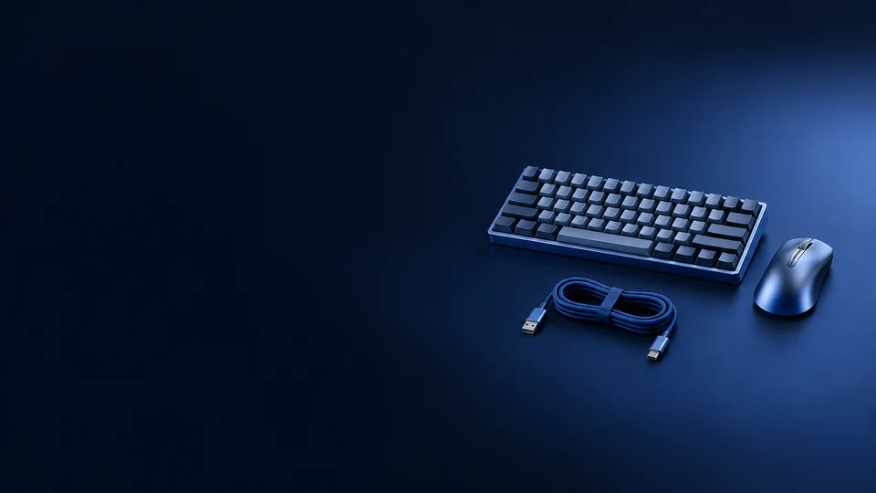 Compact keyboard, mouse and neatly coiled blue cable. - Electronics & Tech Devices Meta ads research index
