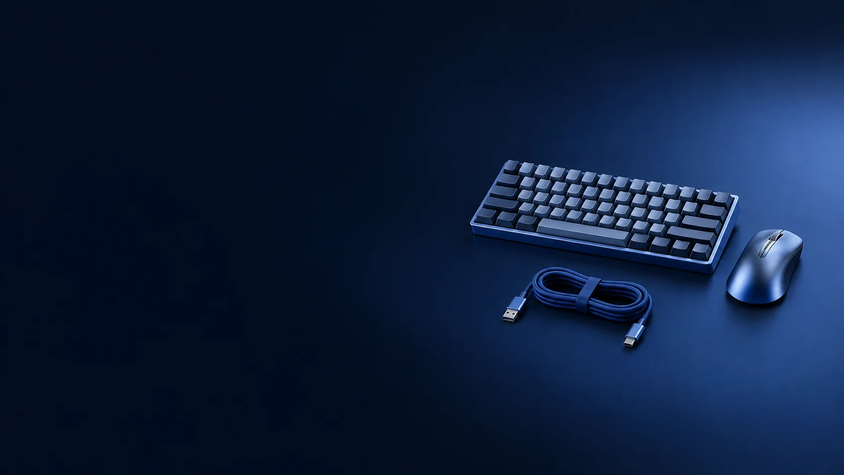 Compact keyboard, mouse and neatly coiled blue cable. - Tech Accessories & Peripherals Meta ads research by Madgicx Labs