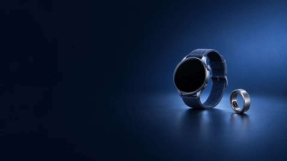 Round smart watch with a blue fabric band beside a titanium ring. - Electronics & Tech Devices Meta ads research index