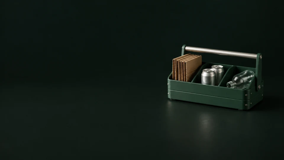 A green sorting caddy containing cardboard, plain aluminum cans and a clear glass bottle. - Environmental & Sustainability Services Meta ads research index