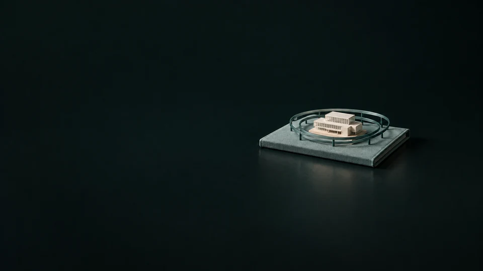 A small office model within teal oval boundary frames on a closed briefing folder. - Environmental & Sustainability Services Meta ads research index