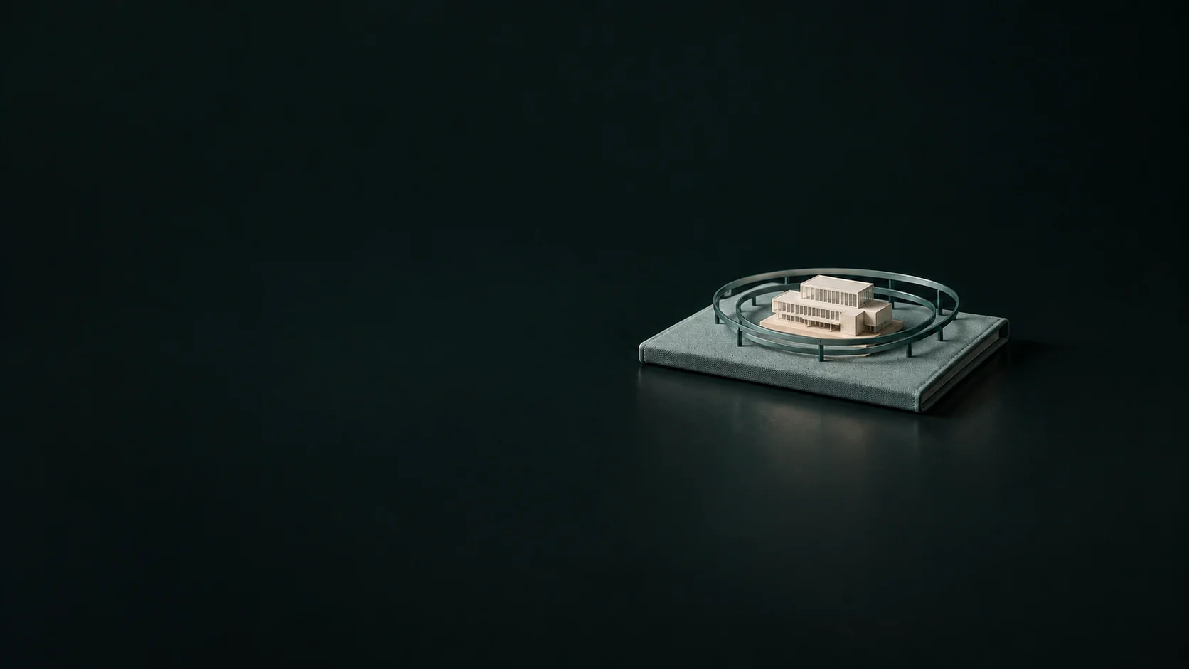 A small office model within teal oval boundary frames on a closed briefing folder. - Corporate Sustainability Consulting Meta ads research by Madgicx Labs