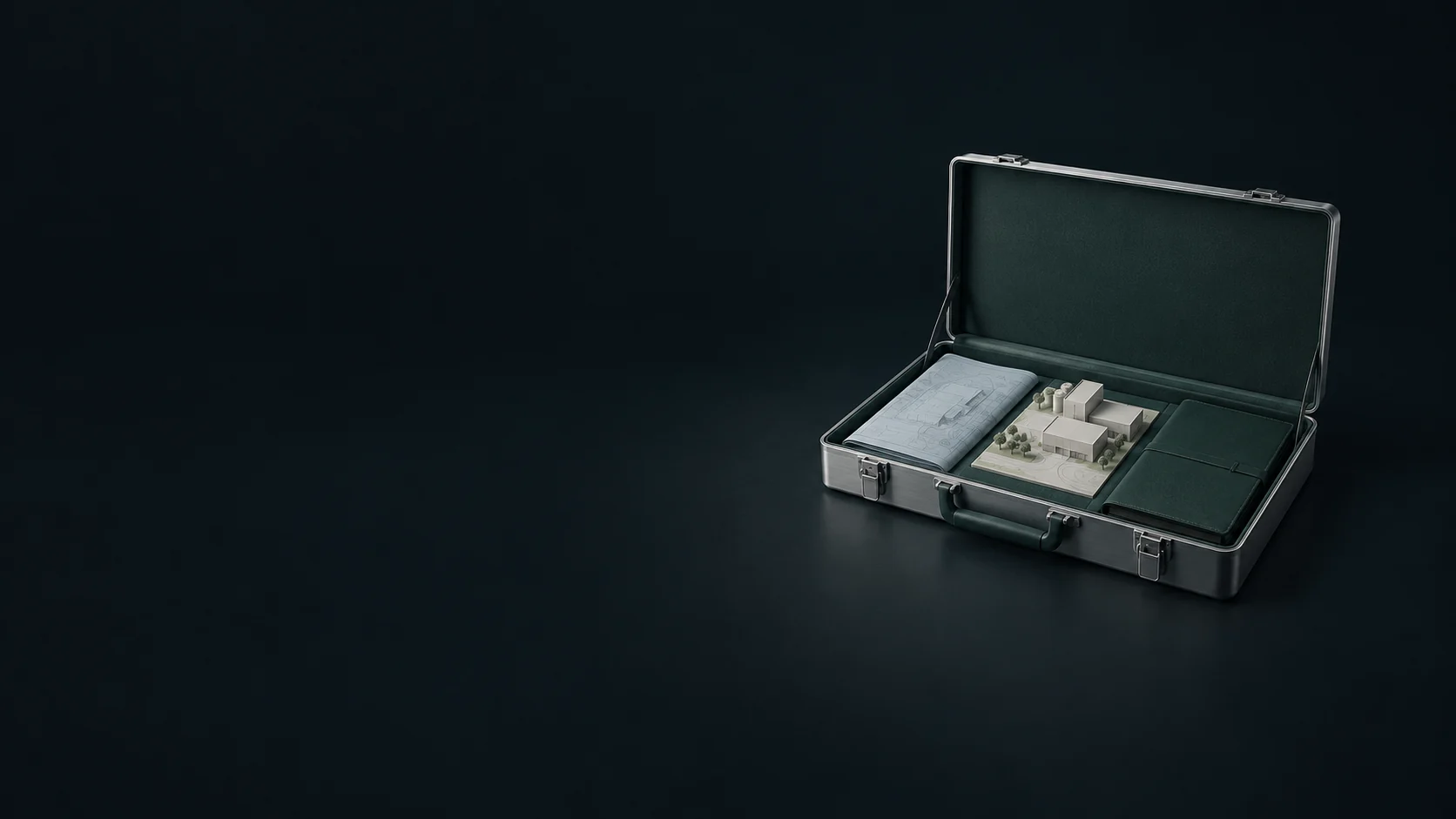 An open site-review case with folded diagrammatic plans, a small facility model and a green folio. - Environmental Consulting & Compliance Meta ads research by Madgicx Labs