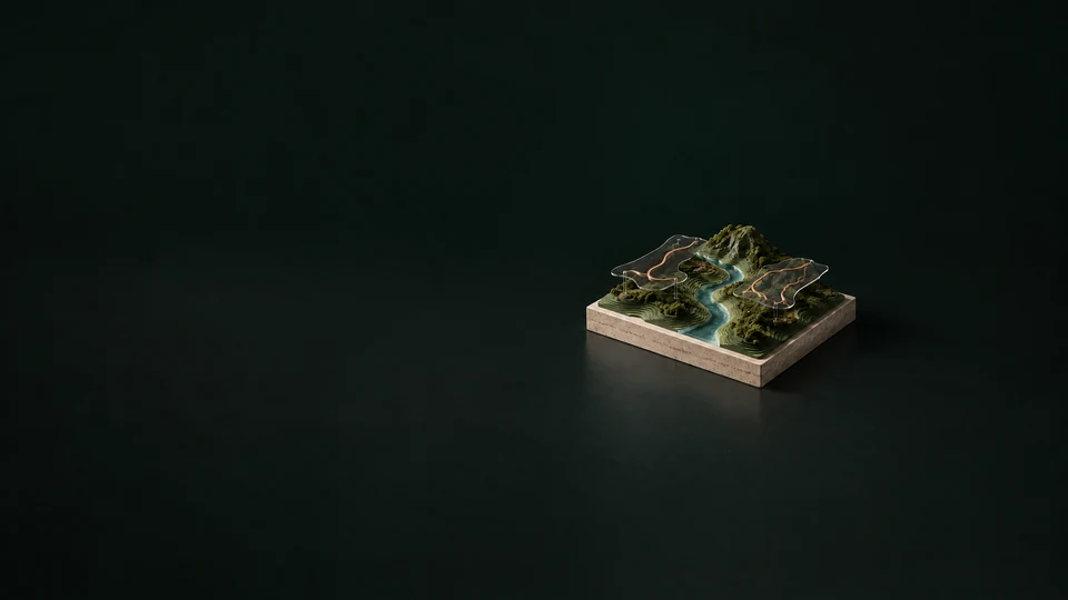 A layered terrain model with a river channel and copper route strips on removable overlays. - Environmental & Sustainability Services Meta ads research index