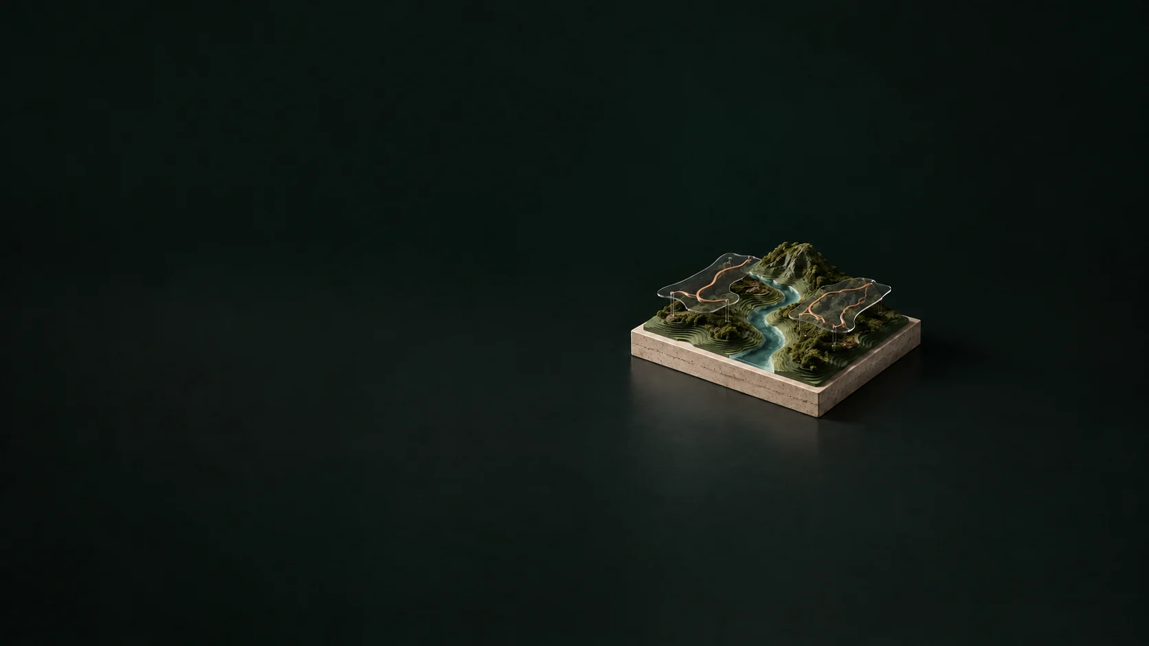 A layered terrain model with a river channel and copper route strips on removable overlays. - Environmental Impact Assessment Meta ads research by Madgicx Labs