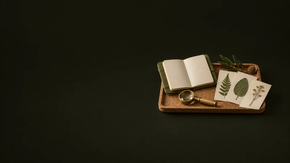 An olive field notebook, brass hand lens and pressed-leaf specimen cards on a cork tray. - Environmental & Sustainability Services Meta ads research index