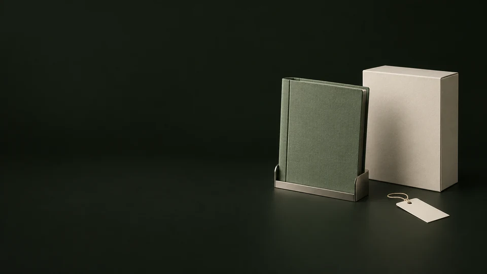A green document binder in a nickel cradle beside a plain ivory box and blank tag. - Environmental & Sustainability Services Meta ads research index