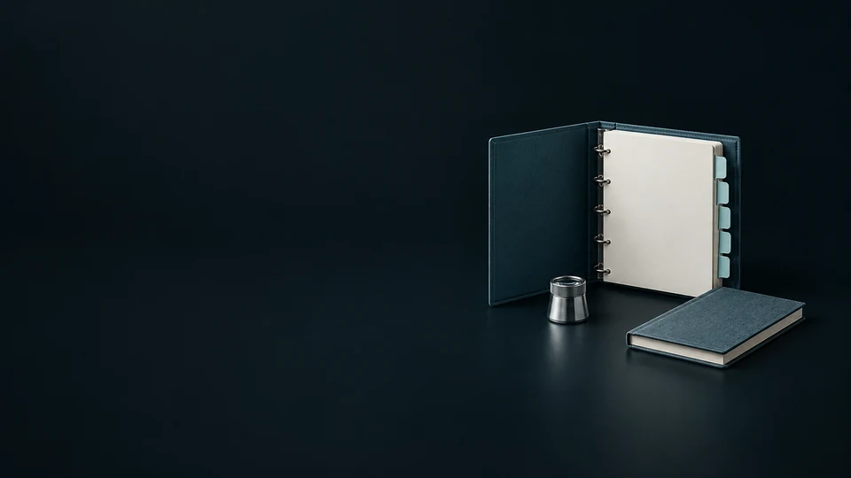 A blank blue-green audit binder with pale tabs, a silver loupe and a closed notebook. - Environmental & Sustainability Services Meta ads research index