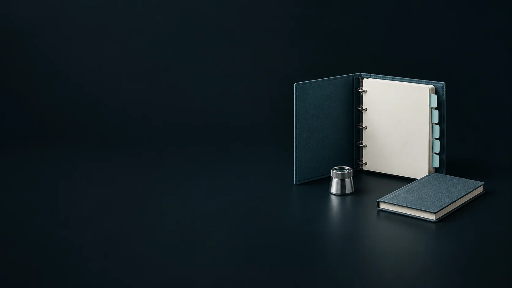 A blank blue-green audit binder with pale tabs, a silver loupe and a closed notebook. - Sustainability Auditing & Reporting Meta ads research by Madgicx Labs