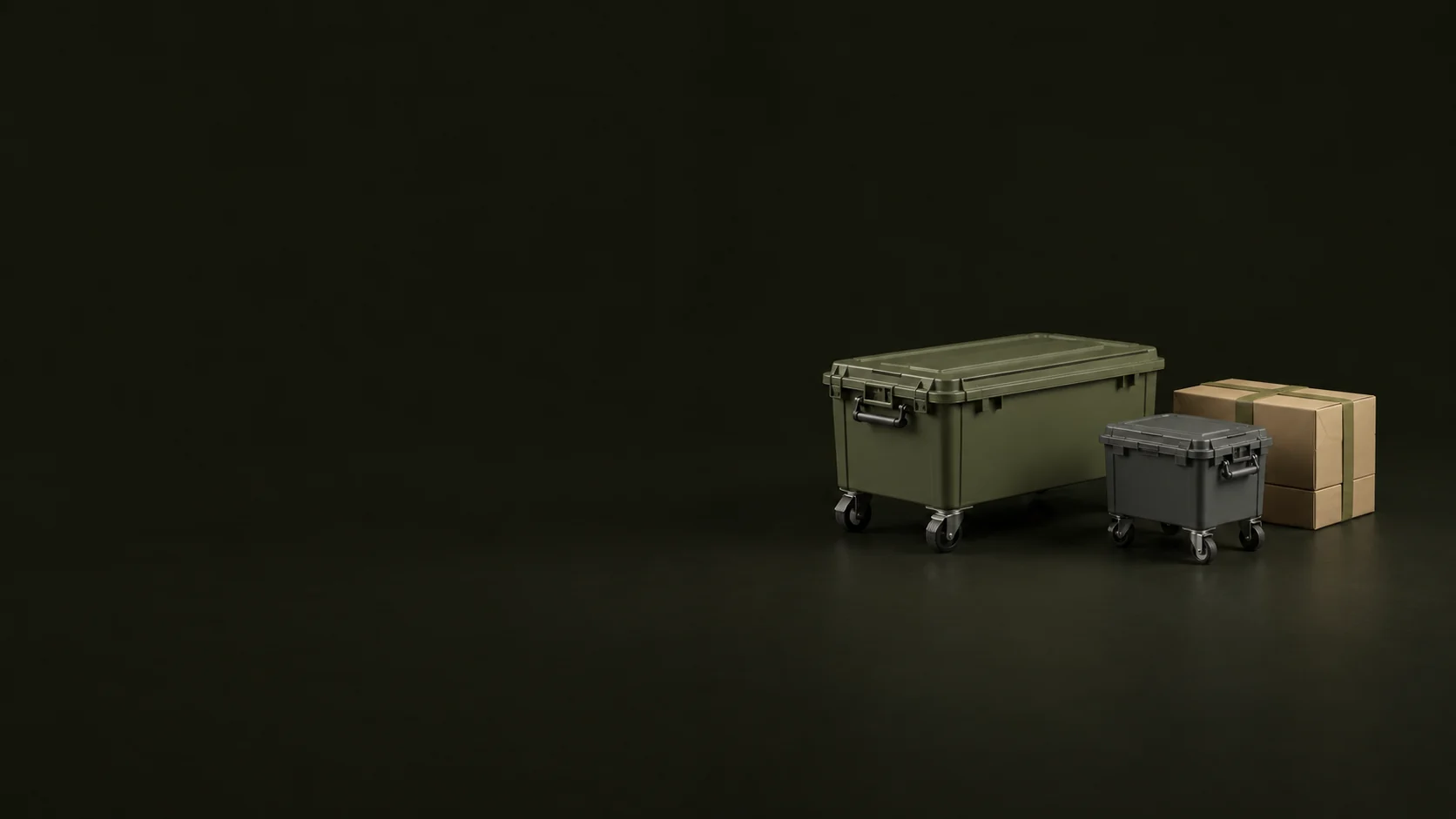 Two small wheeled collection containers with closed lids beside plain kraft cartons. - Waste Management Solutions Meta ads research by Madgicx Labs