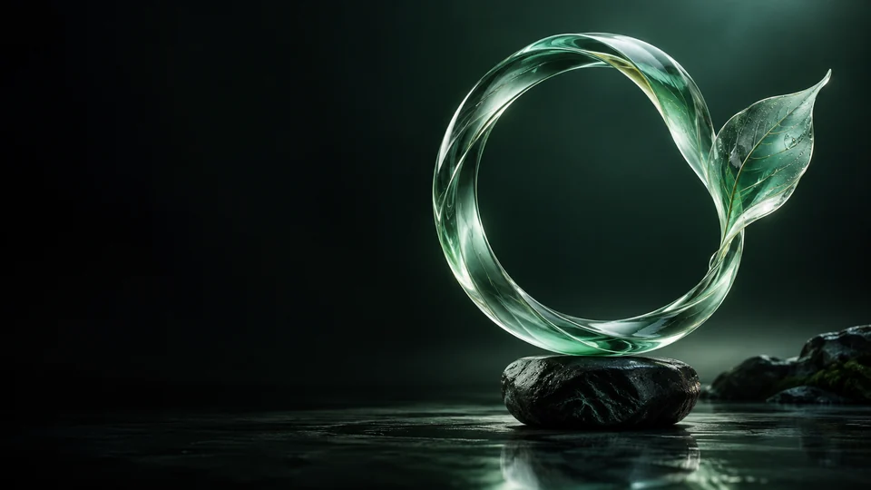 Green glass ring with a leaf resting above dark stone. - Environmental & Sustainability Services Meta ads research by Madgicx Labs