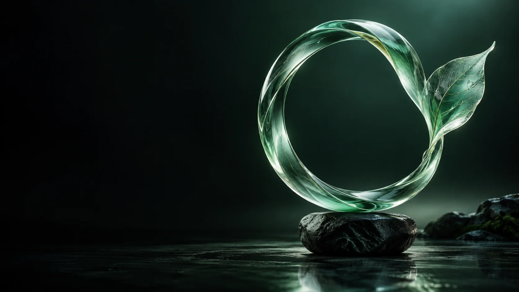 Green glass ring with a leaf resting above dark stone. - Environmental & Sustainability Services Meta ads research by Madgicx Labs