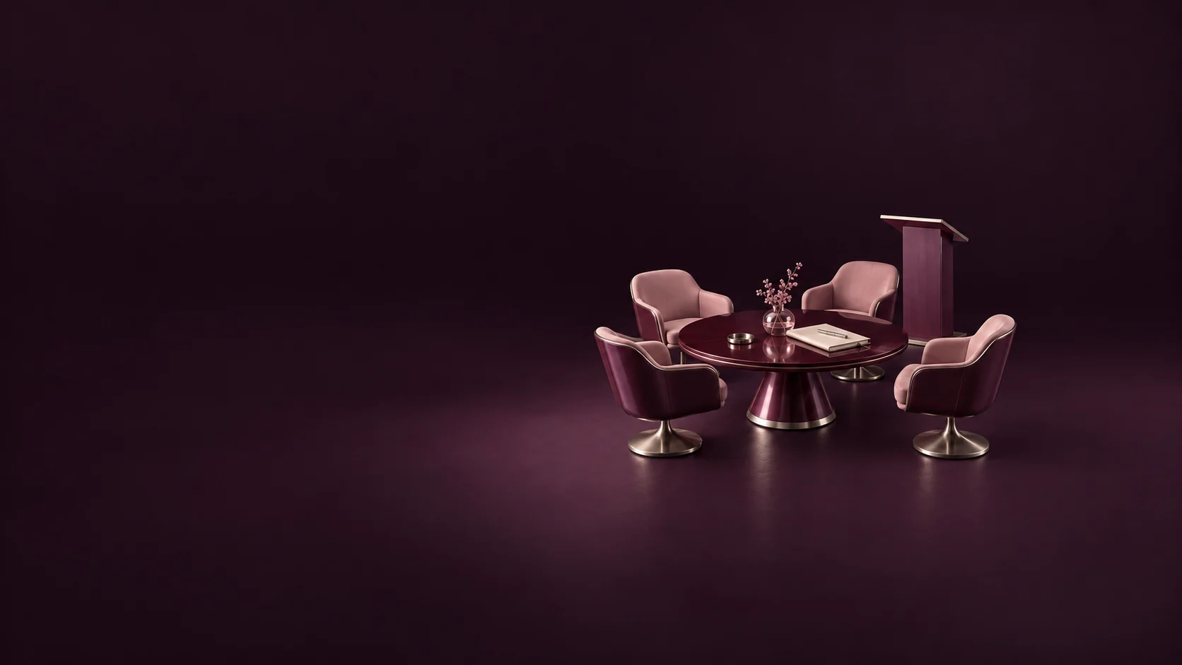 A compact conference-table model with four upholstered chairs, a lectern and a blank agenda notebook. - Corporate Event Services Meta ads research by Madgicx Labs