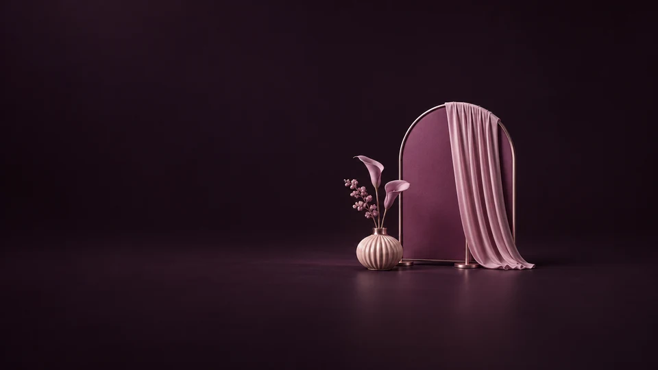A miniature arched backdrop, mauve drape and fluted vase with stylized flowers on a dark plum ground. - Event & Entertainment Services Meta ads research index