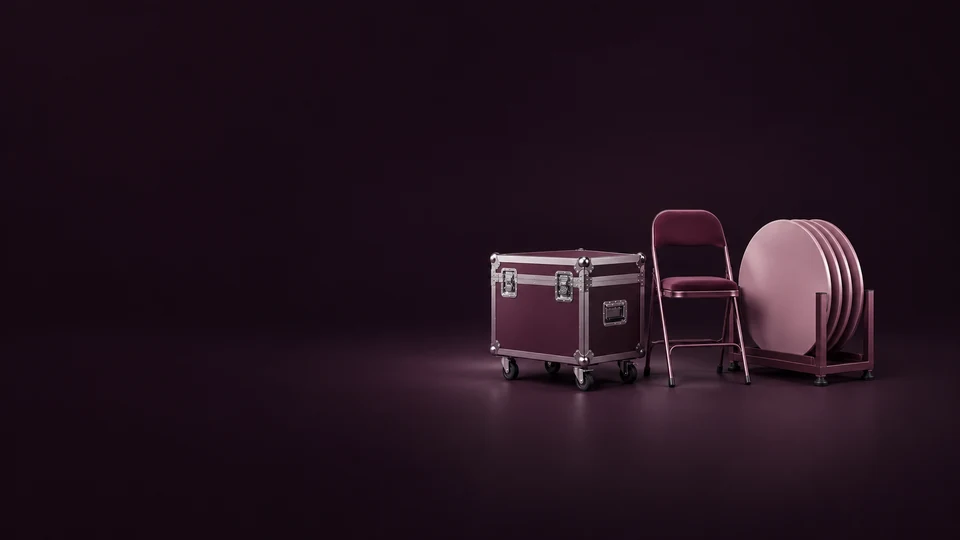 A wheeled road case, folding event chair and round tabletops in a storage cradle. - Event & Entertainment Services Meta ads research index