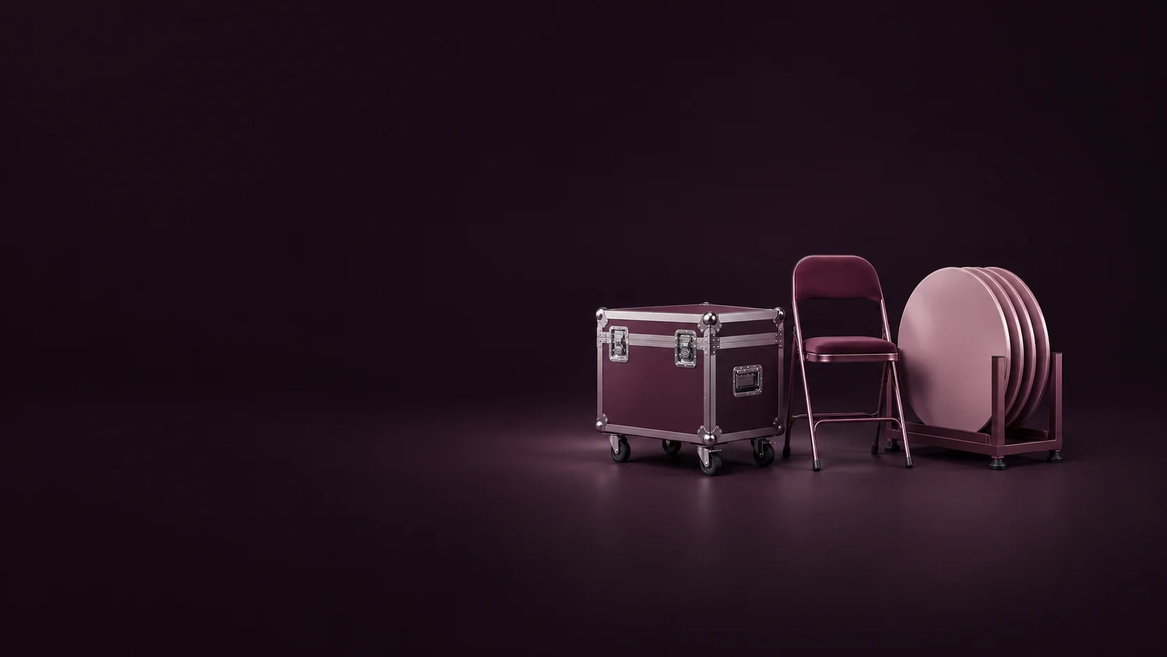 A wheeled road case, folding event chair and round tabletops in a storage cradle. - Event Equipment Rentals Meta ads research by Madgicx Labs