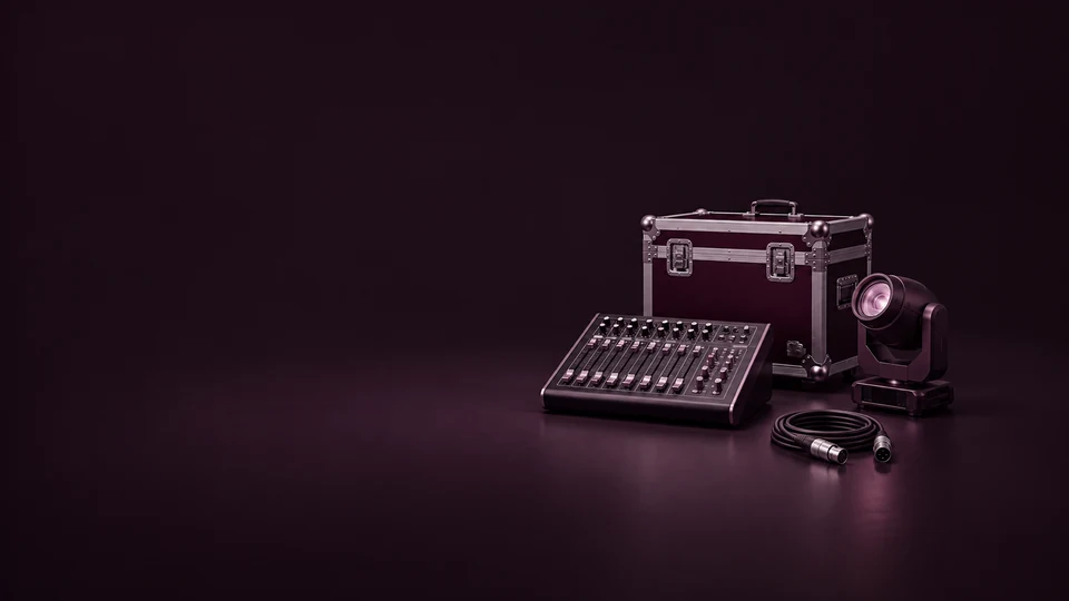 An inactive mixing console, closed equipment case, tabletop yoke light and disconnected coiled audio cable. - Event & Entertainment Services Meta ads research index