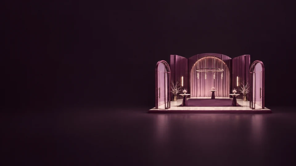 A miniature event hall with open doorways, three low tables and a broad empty floor on a shallow plinth. - Event & Entertainment Services Meta ads research index