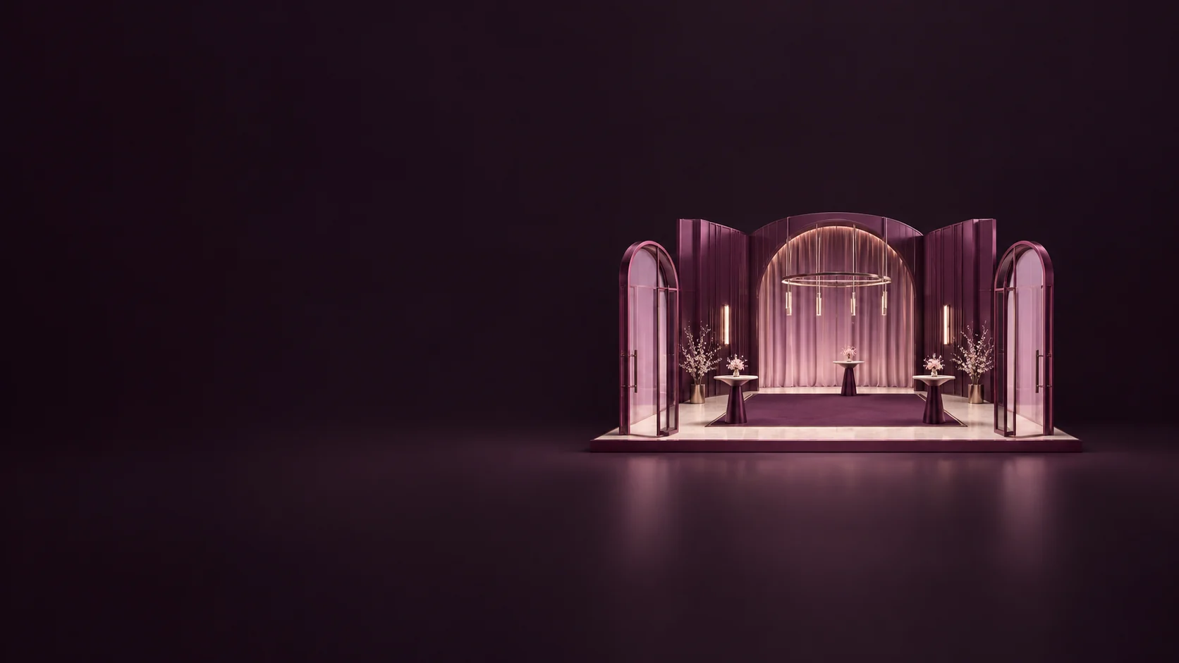A miniature event hall with open doorways, three low tables and a broad empty floor on a shallow plinth. - Event Venue Rentals Meta ads research by Madgicx Labs