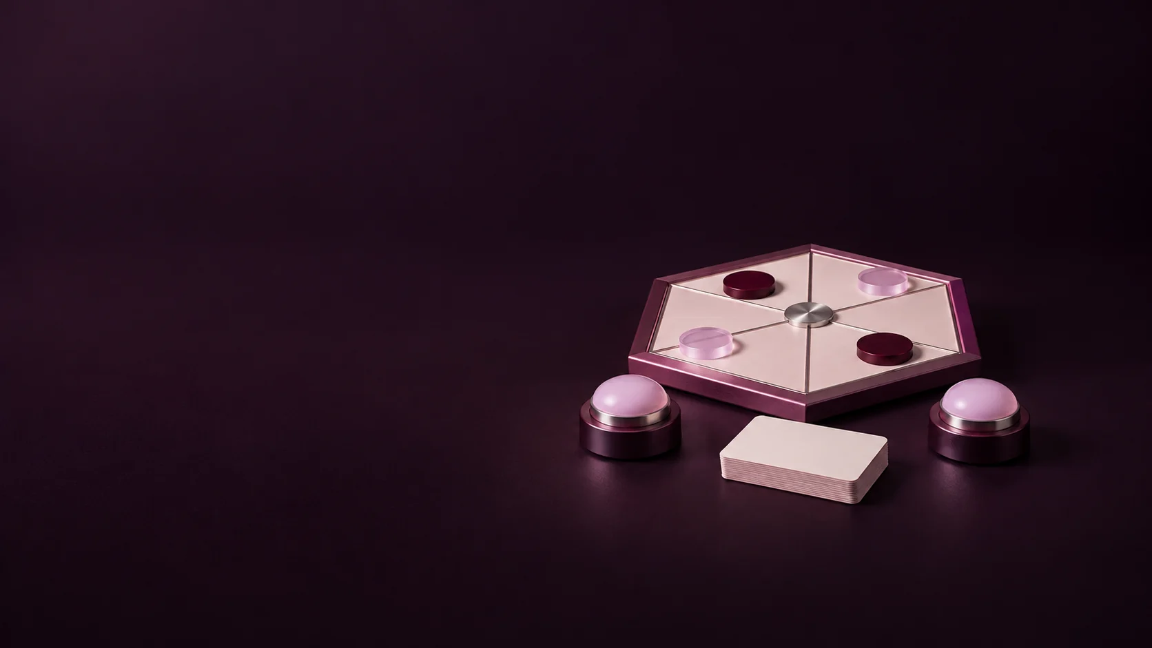 A hexagonal activity board with unmarked tokens, two tabletop buzzers and a blank card deck. - Interactive Event Services Meta ads research by Madgicx Labs