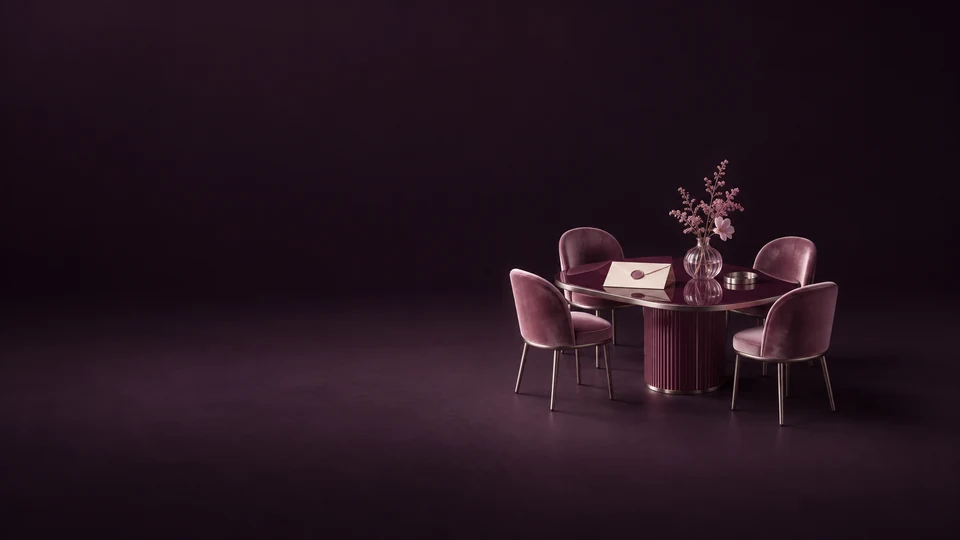 A miniature oval gathering table with four chairs, a blank invitation and a glass floral vase. - Event & Entertainment Services Meta ads research index