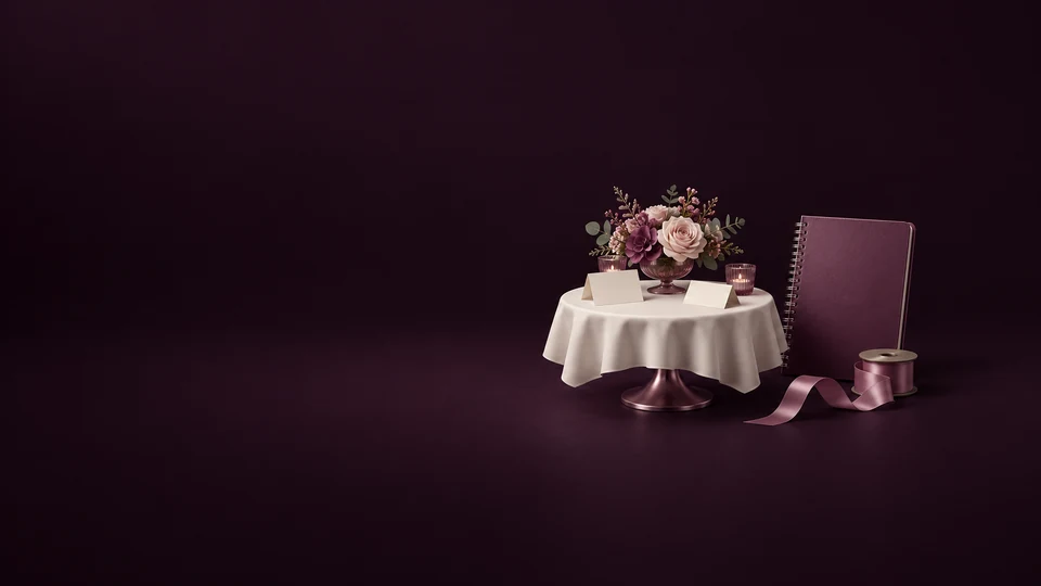 A small celebration-table model with flowers, blank place cards, an unmarked planner and a satin ribbon spool. - Event & Entertainment Services Meta ads research index